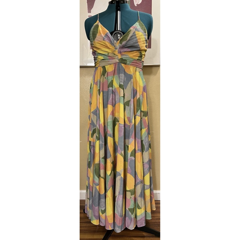 Astr the Label Blythe Plisse Midi Dress Yellow Lilac Abstract Pleated Womens XL